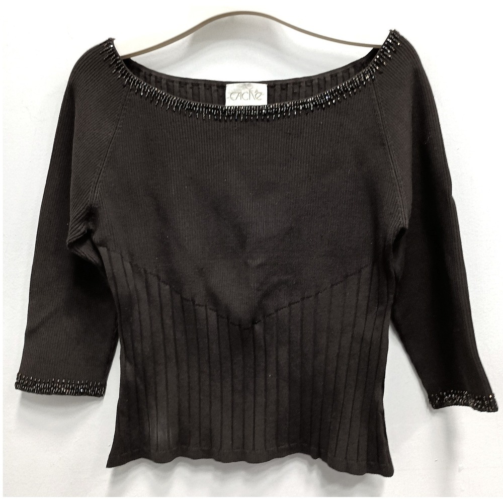 Cache Top Womens Large Brown Vintage Y2K Beaded Silk Blend Ribbed 3/4 Sleeve